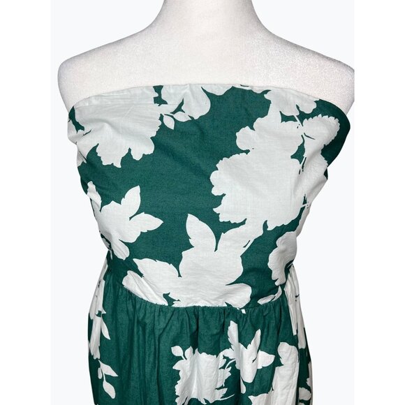 Cynthia Rowley Green & White Floral Strapless Midi Dress Elastic Smocked Back 14 - Picture 10 of 13
